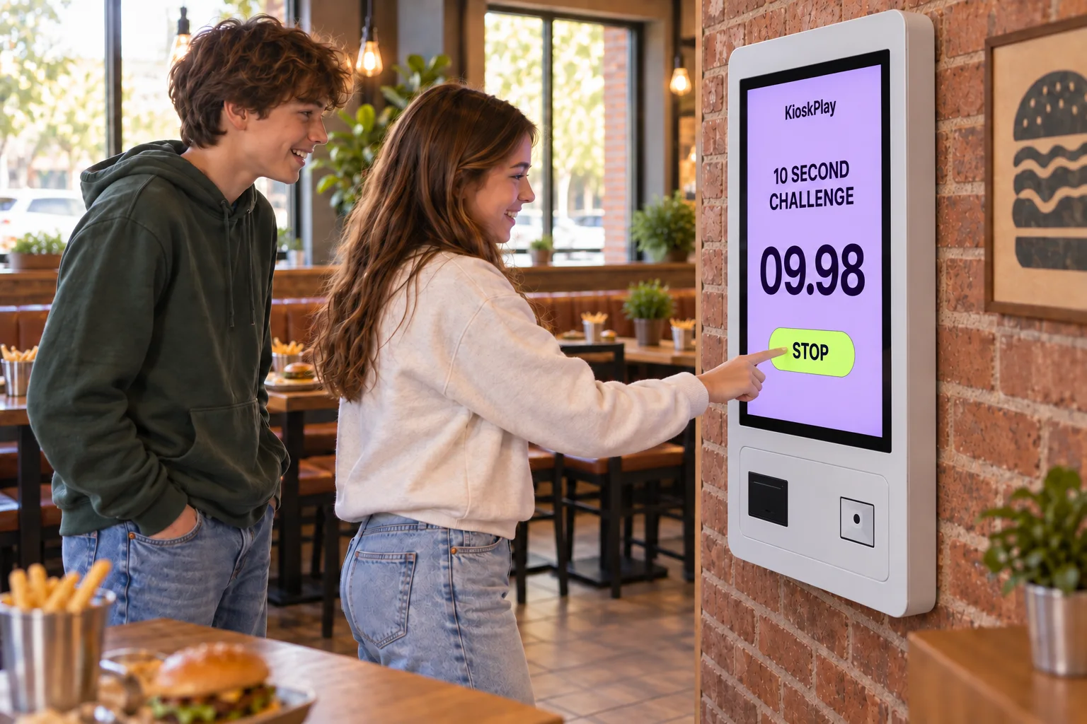 Two teenagers play the 10 Second Challenge on a large white wall-mounted touchscreen kiosk in a burger restaurant.